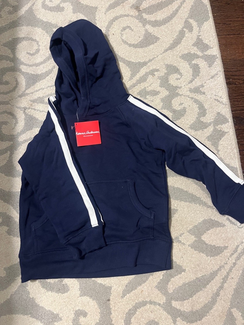 Hanna Andersson Kids Navy Blue Hoodie with White Sleeve Stripes